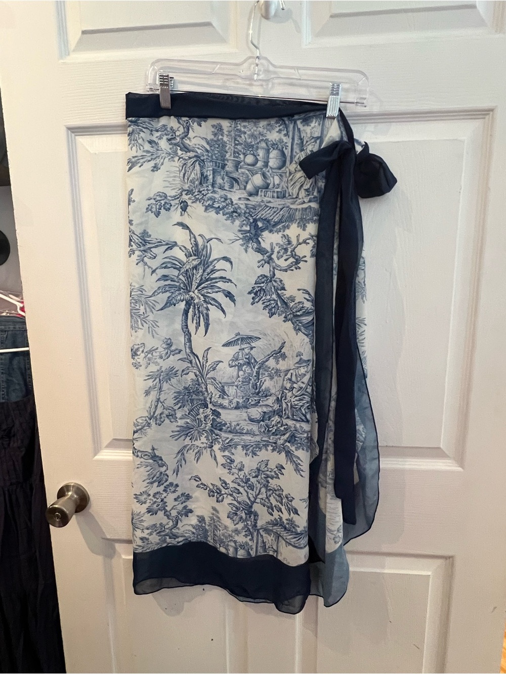 Blue Toile Wrap Skirt coverup with Navy Trim